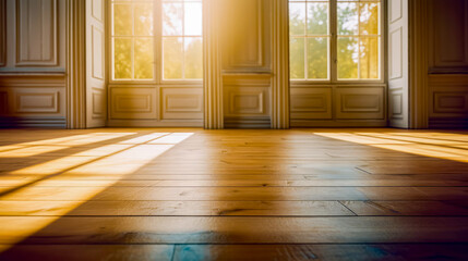 Wall Mural - Empty room with wooden floor and two windows with sunlight streaming through them.