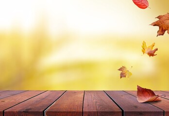 Sticker - Colored fall leaves and wooden board, natural background