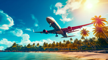 Large jetliner flying over sandy beach under blue cloudy sky.