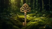 A Shiny Golden Key Isolated On A Lush Forest Green Background.