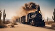 steam train in the desert, a western train  that chugs along a dusty desert