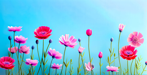 Wall Mural - Group of pink flowers on blue background with sky in the background.