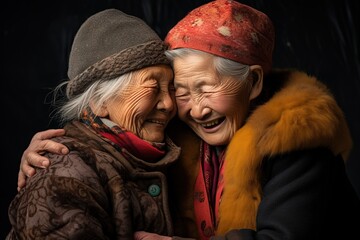 Wall Mural - portrait of two happy old asian woman smiling and laughing, senior chinese female sisters hugging