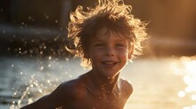 Happy Cheerful Kid Swim And Play In Water, Playful Boy Splashing At Lake Or River At Sunset