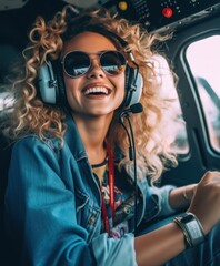 Wall Mural - Cute and beautiful blonde woman smiling while flying a helicopter and enjoying the views