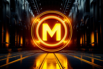 Canvas Print - The letter m is illuminated in the middle of room with metal pipes.