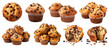 Plain muffin muffins with chocolate chips on transparent background cutout, PNG file. Many assorted different design angles. Mockup template for artwork