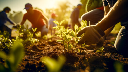 Group of people working in field with small plant in the foreground.