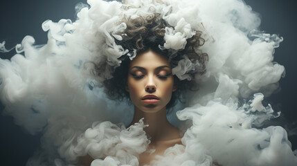 Wall Mural - young beautiful girl, portrait in the smoke of the clouds, black background