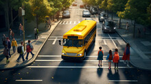 Yellow School Bus Driving Down Street Next To Group Of People.