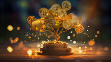 Golden Bitcoin Tree Growing Out Of Coins With Bokeh Background. Cryptocurrency Concept