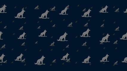 Poster - Wild wolf symbols float horizontally from left to right. Parallax fly effect. Floating symbols are located randomly. Seamless looped 4k animation on dark blue background