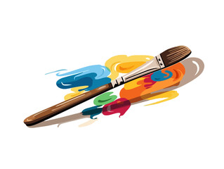 Doodle Paintbrush with artist palette, cartoon sticker, sketch, vector, Illustration, minimalistic