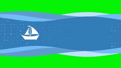 Poster - Animation of blue banner waves movement with white sailing boat symbol on the left. On the background there are small white shapes. Seamless looped 4k animation on chroma key background