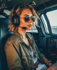 Wall Mural - Perfect woman smiling while flying a helicopter and enjoying the views