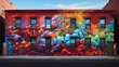 graffiti mural on a red brick wall in Brooklyn, vibrant colors, complex design, tags and throw - ups, New York vibe