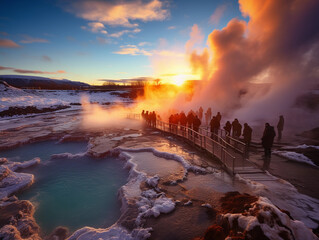Canvas Print - thermal spring complex in iceland, geysers erupting, people enjoying in pools