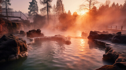 Wall Mural - Thermal springs at sunset, nestled in a rocky alcove, mist rising, glowing orange light reflected in water, tranquil atmosphere