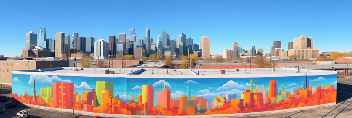 Urban mural featuring iconic city skyline, optical illusions, painted on the side of a high - rise, aerial perspective