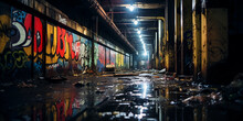 Abandoned Subway Tunnel: Grunge Aesthetic, Graffiti - Covered Walls, Dim Overhead Lighting, Puddles Reflecting Light, Rats Scurrying, Urban Decay