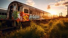 Abandoned Train Yard Filled With Graffiti - Covered Train Cars, Overgrown Vegetation, Golden Hour, Grunge Aesthetic