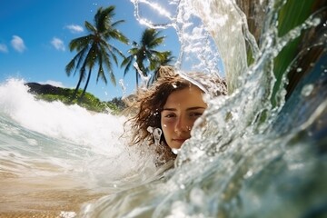 Wall Mural - Young cheerful woman bathing in warm tropical sea