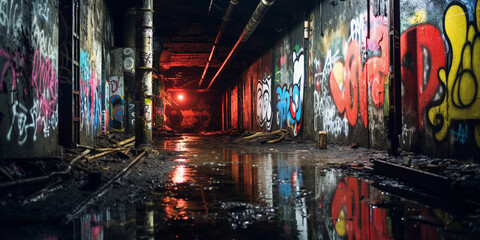 Wall Mural - Abandoned Subway Tunnel: Grunge aesthetic, graffiti - covered walls, dim overhead lighting, puddles reflecting light, rats scurrying, urban decay