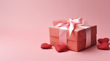 Fototapeta  - Różowe pudełko, prezent na różowym tle z sercami 