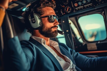 Wall Mural - Helicopter pilot flying, smiling and enjoying the views. Handsome man wearing sunglasses and flying a plane