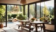 Outdoor deck access from sunny dining space with fireplace