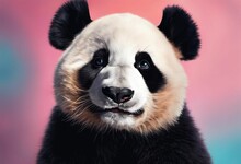 AI Generated Illustration Of A Panda Bear Against A Brightly Colored Blue And Pink Background