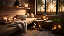 interior of a sauna with a wooden bench, a burning candle and a burning candle, on a wooden bench in a country country house, the