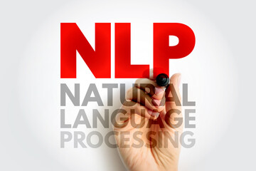 Poster - NLP Natural Language Processing - subfield of linguistics, computer science, and artificial intelligence, interactions between computers and human language, acronym text concept