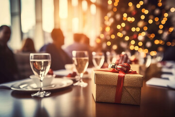 Office Christmas party table with drinks and gifts. People in blurred background