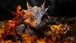 AI generated illustration of a cute baby dragon on a pile of leaves