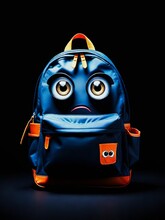 Blue And Orange Backpack With Two Eyes On Top Of It