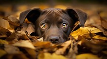 AI Generated Illustration Of A Brown Puppy In A Pile Of Autumn Leaves