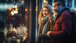 Diversity couple in love walks along the shop windows at night during Christmas sales