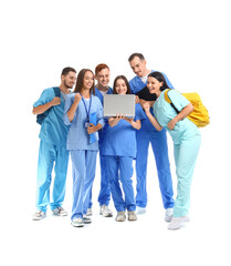 Poster - Group of medical students with laptop on white background