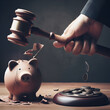 Broken Piggy Bank Judge with Wooden Gavel and Law Balance and Pile of Money Coins on the Ground Grey Black Background. Evading Payment on Taxes, Online Banking Bank Fintech Alternative Financial Fraud