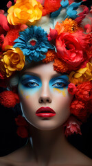 Wall Mural - Fashion portrait of beautiful young woman with bright make up and flowers in hair.