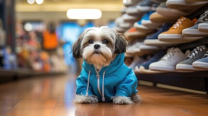 Wall Mural - A small Shih Tzu dog wearing a blue jacket in a shoe store. Generative AI.