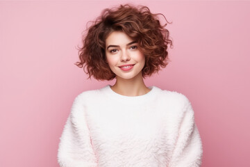 lady in white mockup sweater, standing in pink studio background