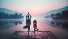Photo Of An Indian Father And His Daughter Practicing Yoga By A Serene Lake. It's Early Morning, And A Gentle Haze Hangs Over The Calm Waters.