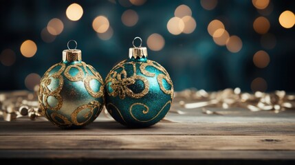 Two blue Christmas balls lie on the rustic table, blue bokeh background.