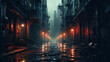 Dark street in dystopian cyberpunk city at night, buildings in rain