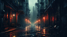 Dark Street In Dystopian Cyberpunk City At Night, Buildings In Rain