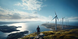 Fototapeta Natura - Worker on top of an offshore wind turbine looking proudly at the vast ocean