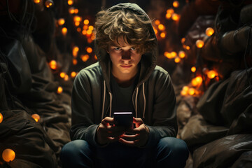 Poster - a teenager isolated in their room, immersed in social media, struggling with cyberbullying and onlin