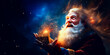 illustration of Santa Claus or Saint Nicholas holding magic gift box. Christmas time. Fairytale